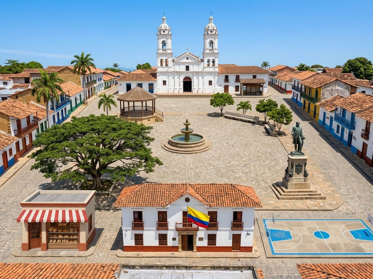 La plaza del pueblo: fotografía con las estaciones del palacio marcadas